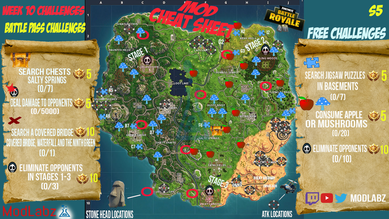 Mod Cheat Sheet Guide For Fortnite Battle Royale Season 5 Week 10 Challenges Modlabz