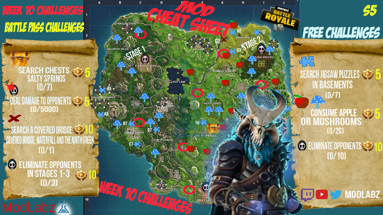 mod cheat sheet guide for fortnite battle royale season 5 week 10 challenges - fortnite week 8 cheat map